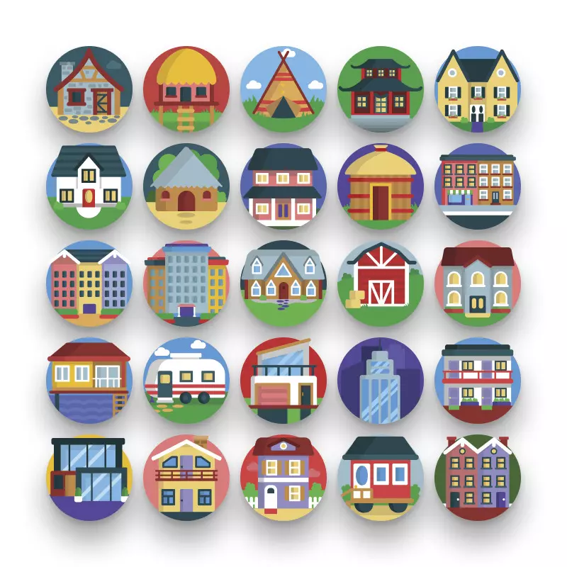 50 Houses Icons – set of colorful flat circle icons