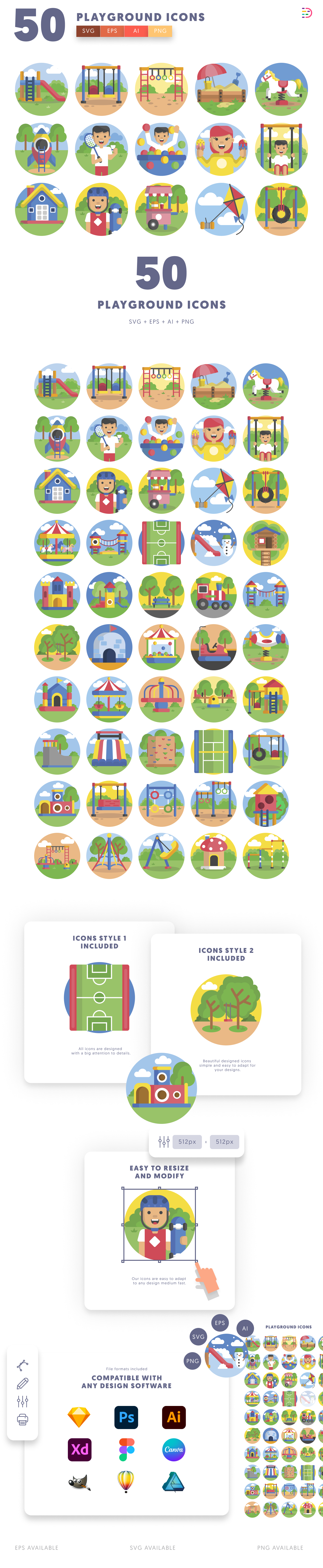 50 Playground Icons cover – illustrated icons in PNG, SVG and EPS