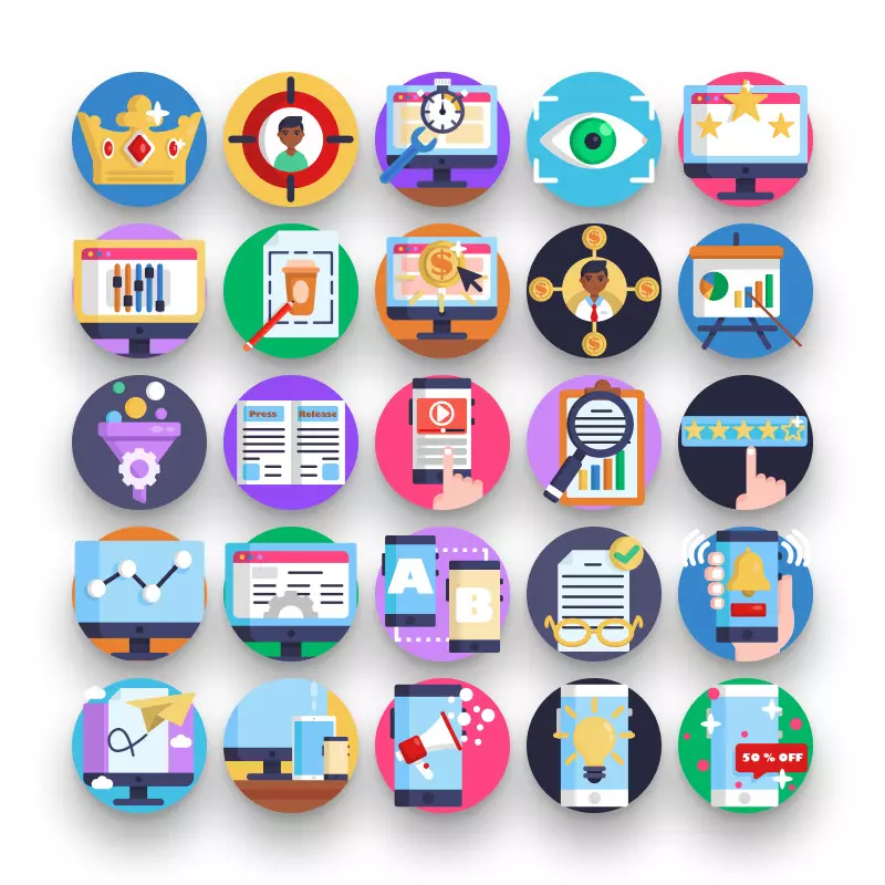 50 SEO Icons – set of colorful illustrated icons