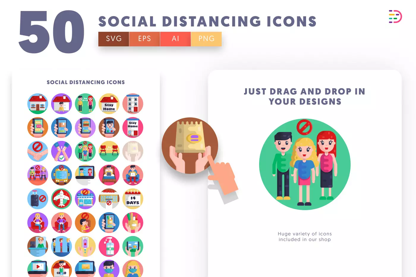 50 Social Distancing Icons preview 1 – illustrated icons in PNG, SVG and EPS