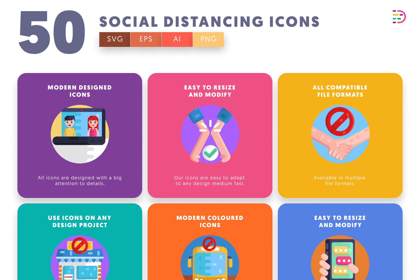 50 Social Distancing Icons preview 5 – illustrated icons in PNG, SVG and EPS