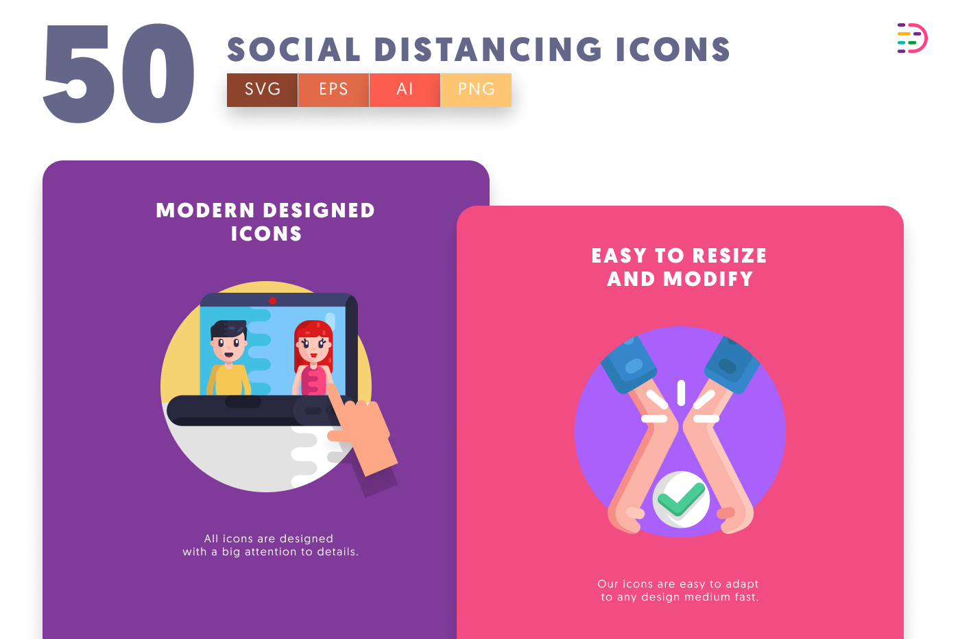 50 Social Distancing Icons cover – illustrated icons in PNG, SVG and EPS