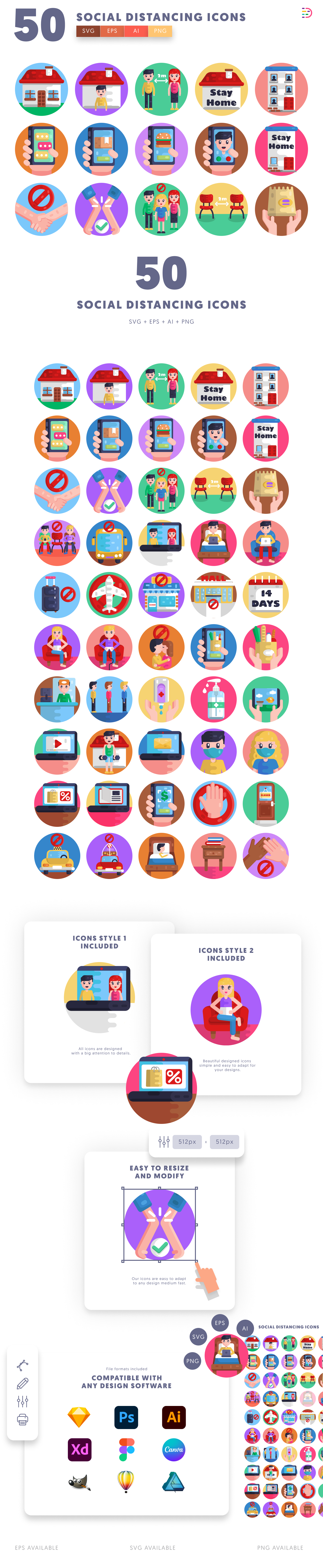 50 Social Distancing Icons cover – illustrated icons in PNG, SVG and EPS