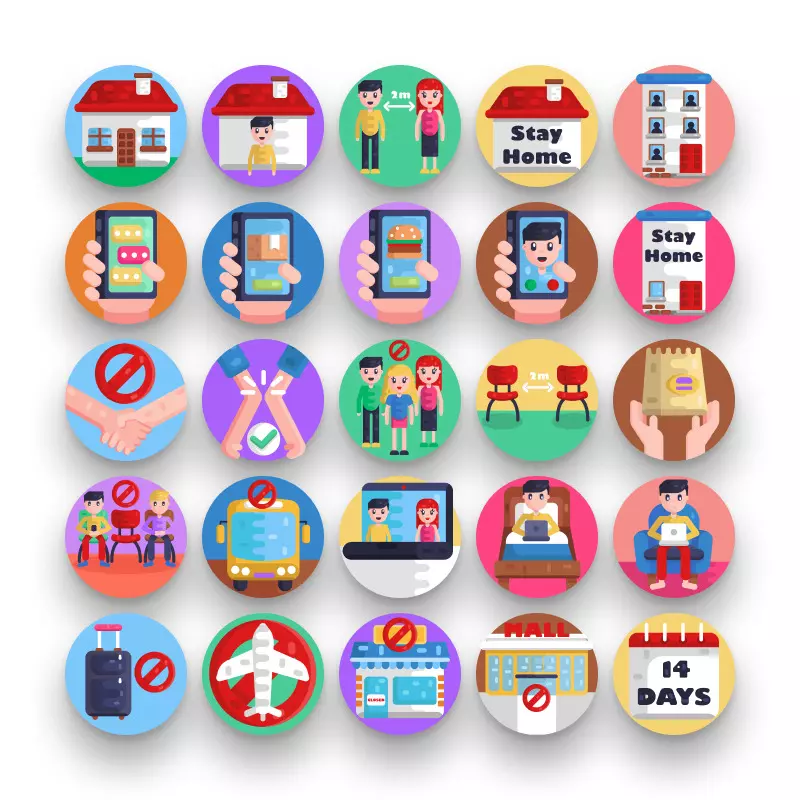 50 Social Distancing Icons – set of colorful illustrated icons