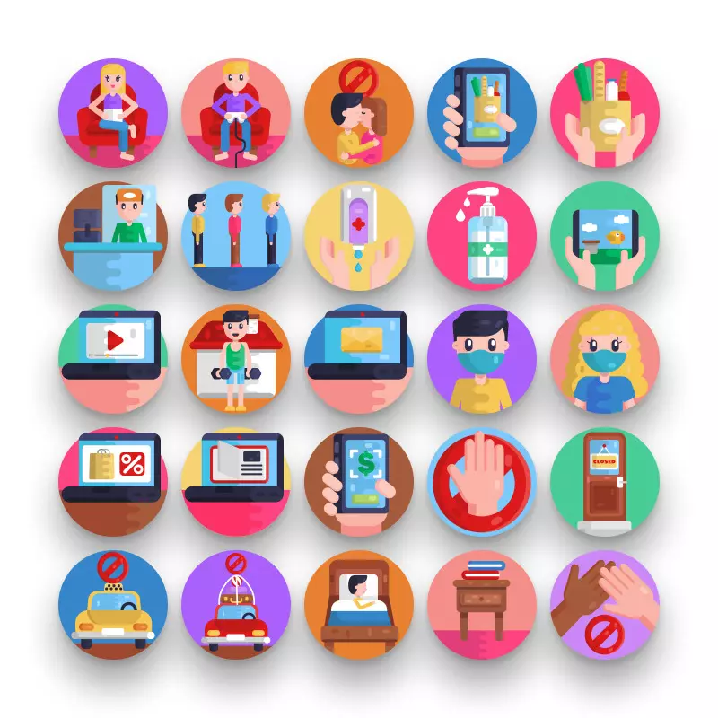 50 Social Distancing Icons – set of colorful illustrated icons