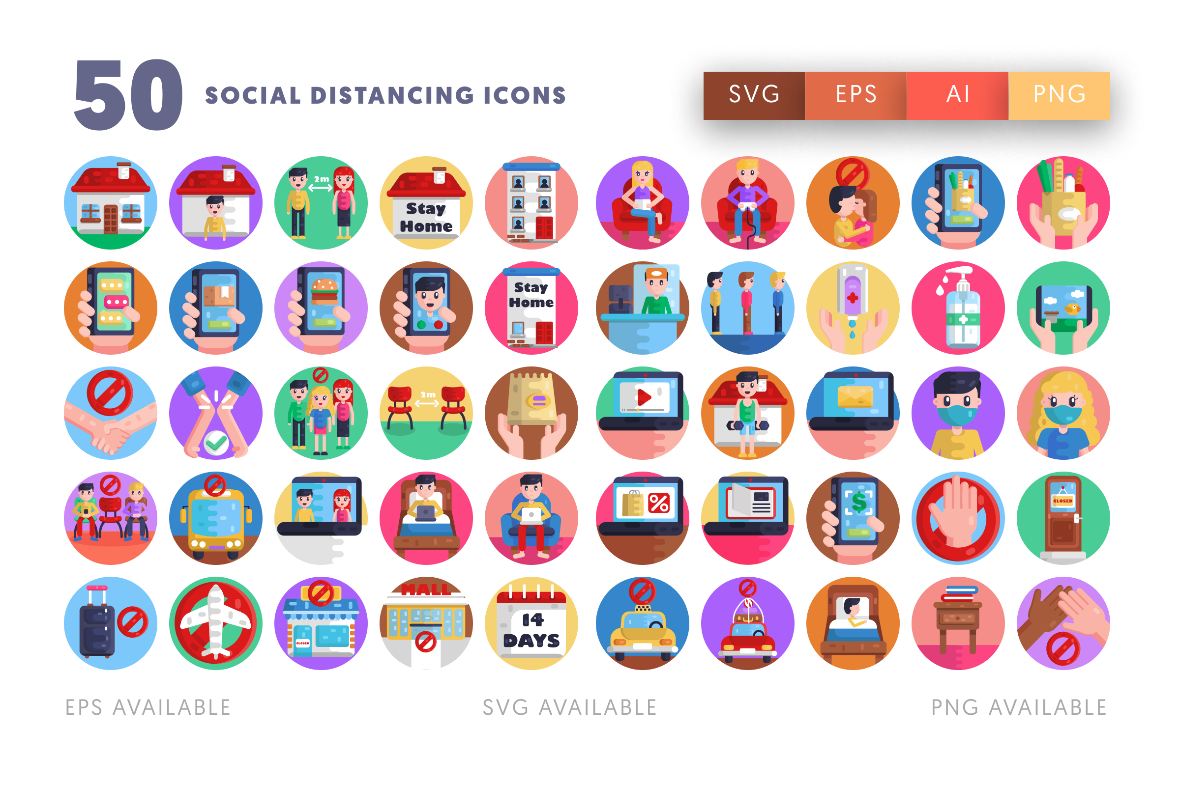 50 Social Distancing Icons – illustrated icon set