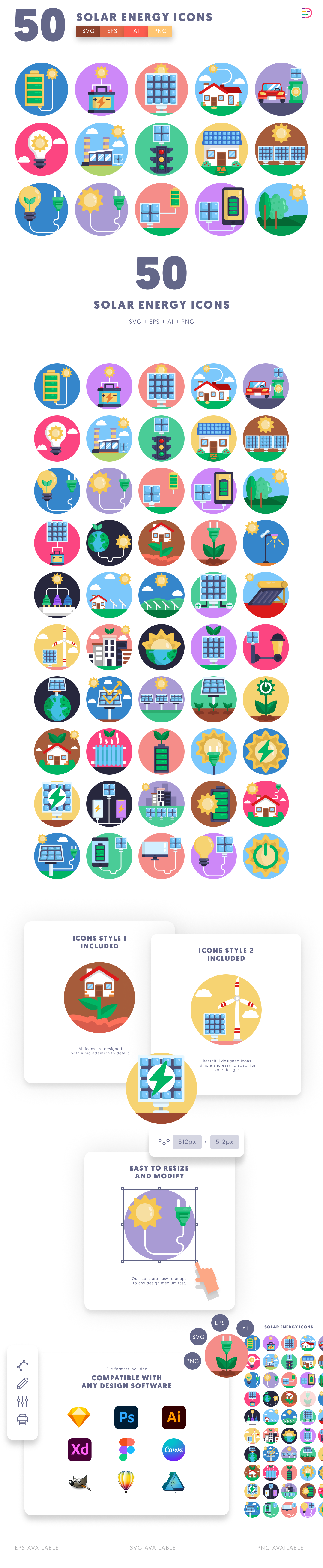 50 Solar Energy Icons cover – illustrated icons in PNG, SVG and EPS