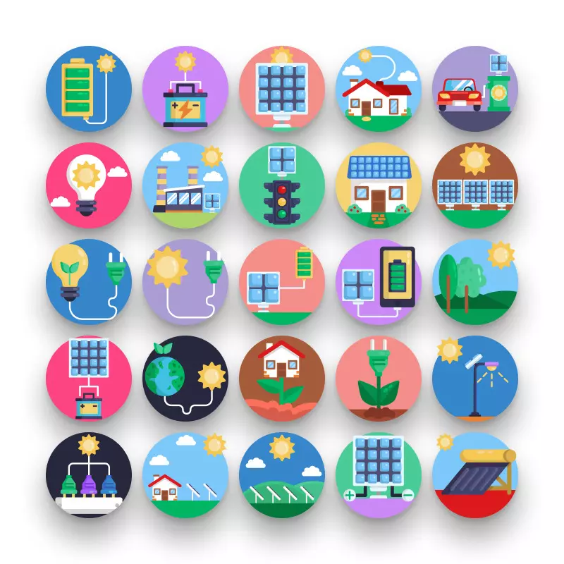 50 Solar Energy Icons – set of colorful illustrated icons