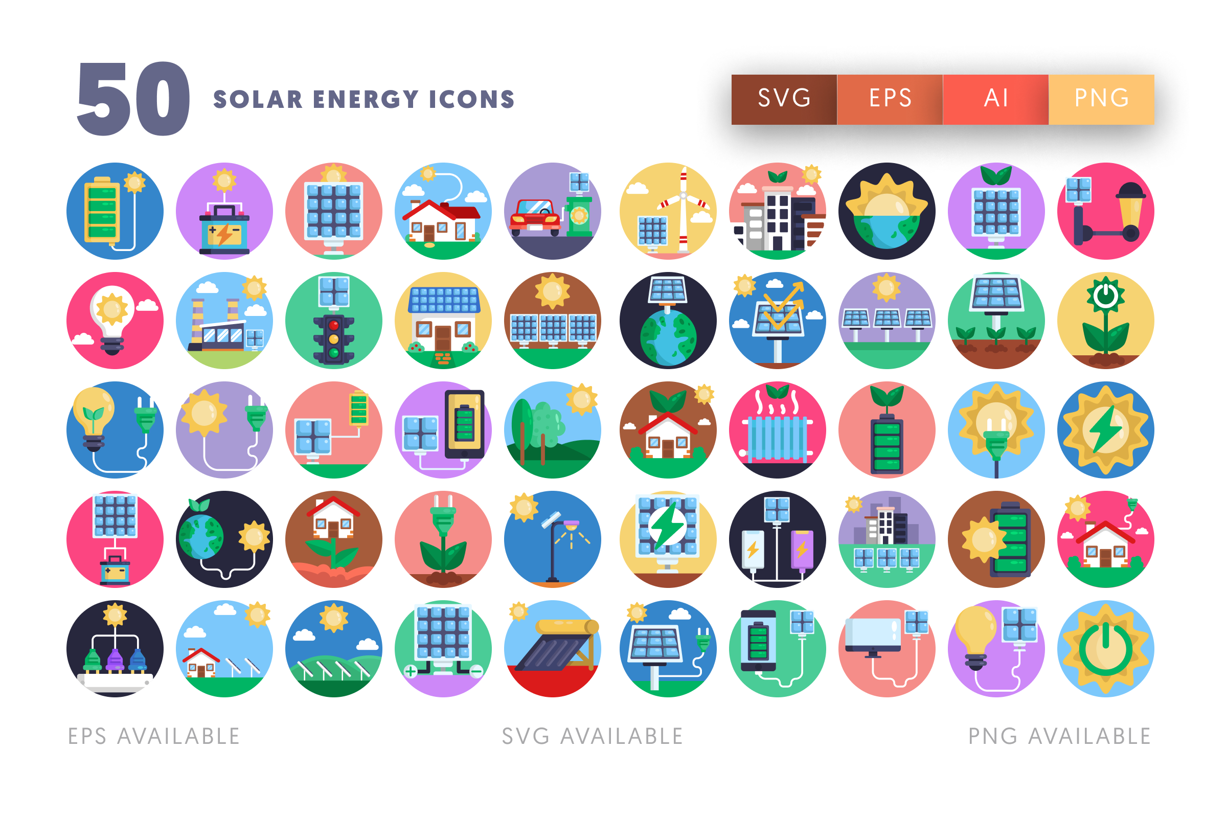 50 Solar Energy Icons – illustrated icon set