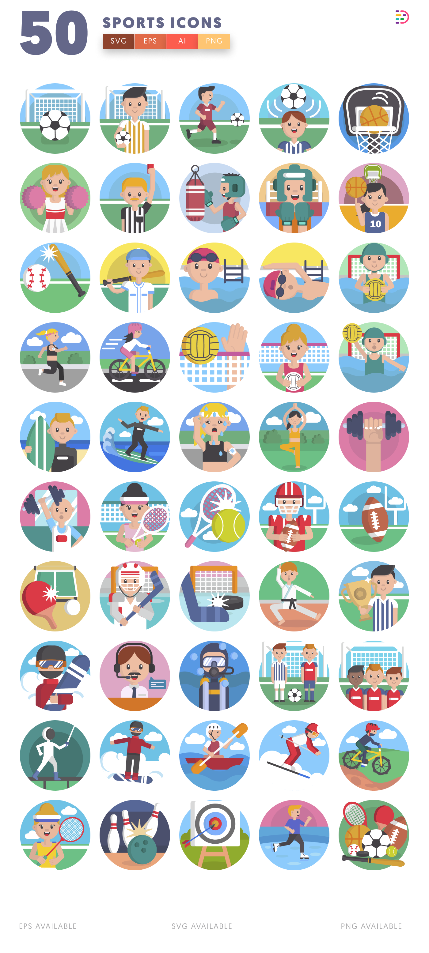 50 Sports Icons – set of colorful illustrated icons