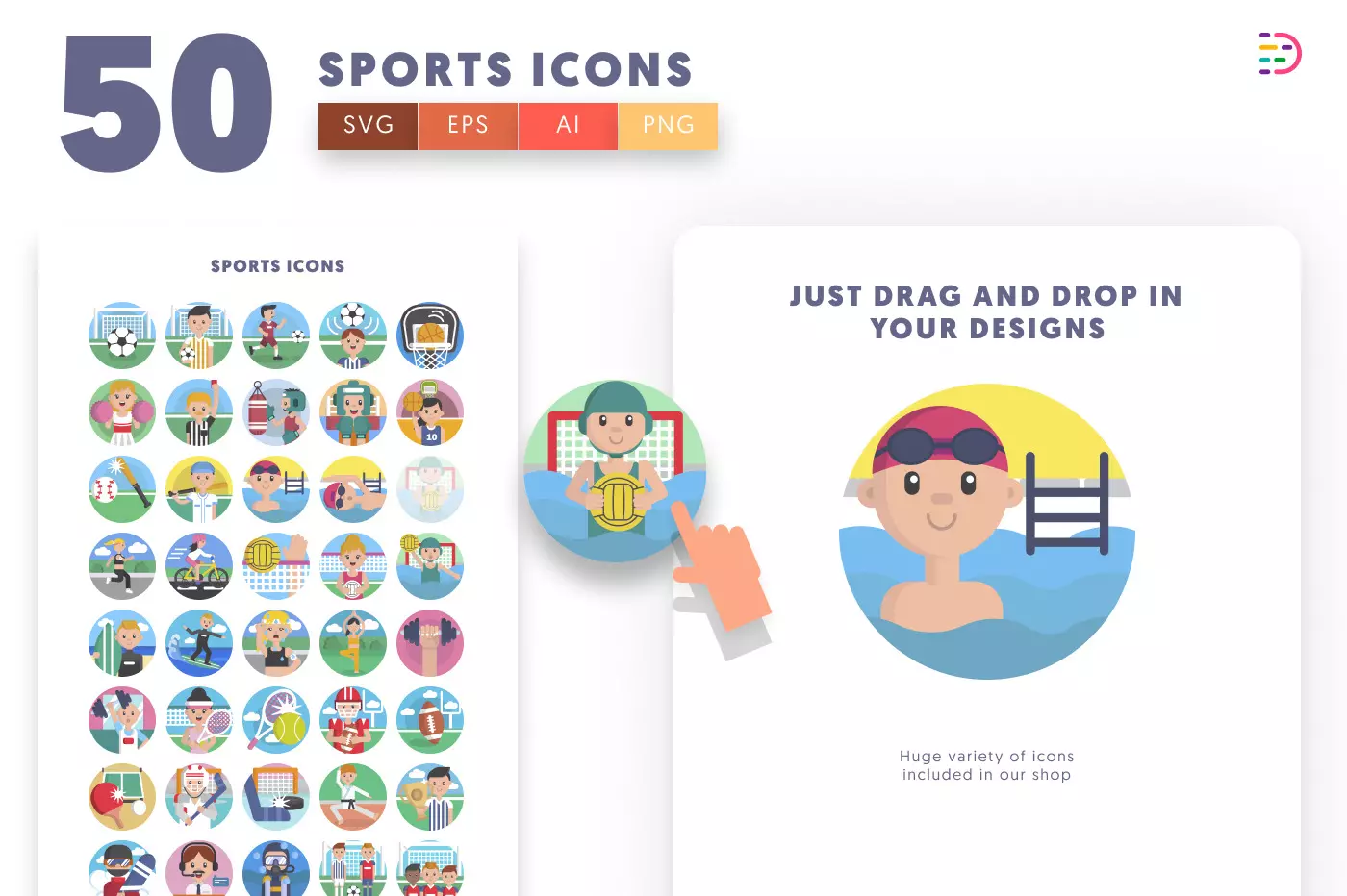 50 Sports Icons – set of colorful illustrated icons