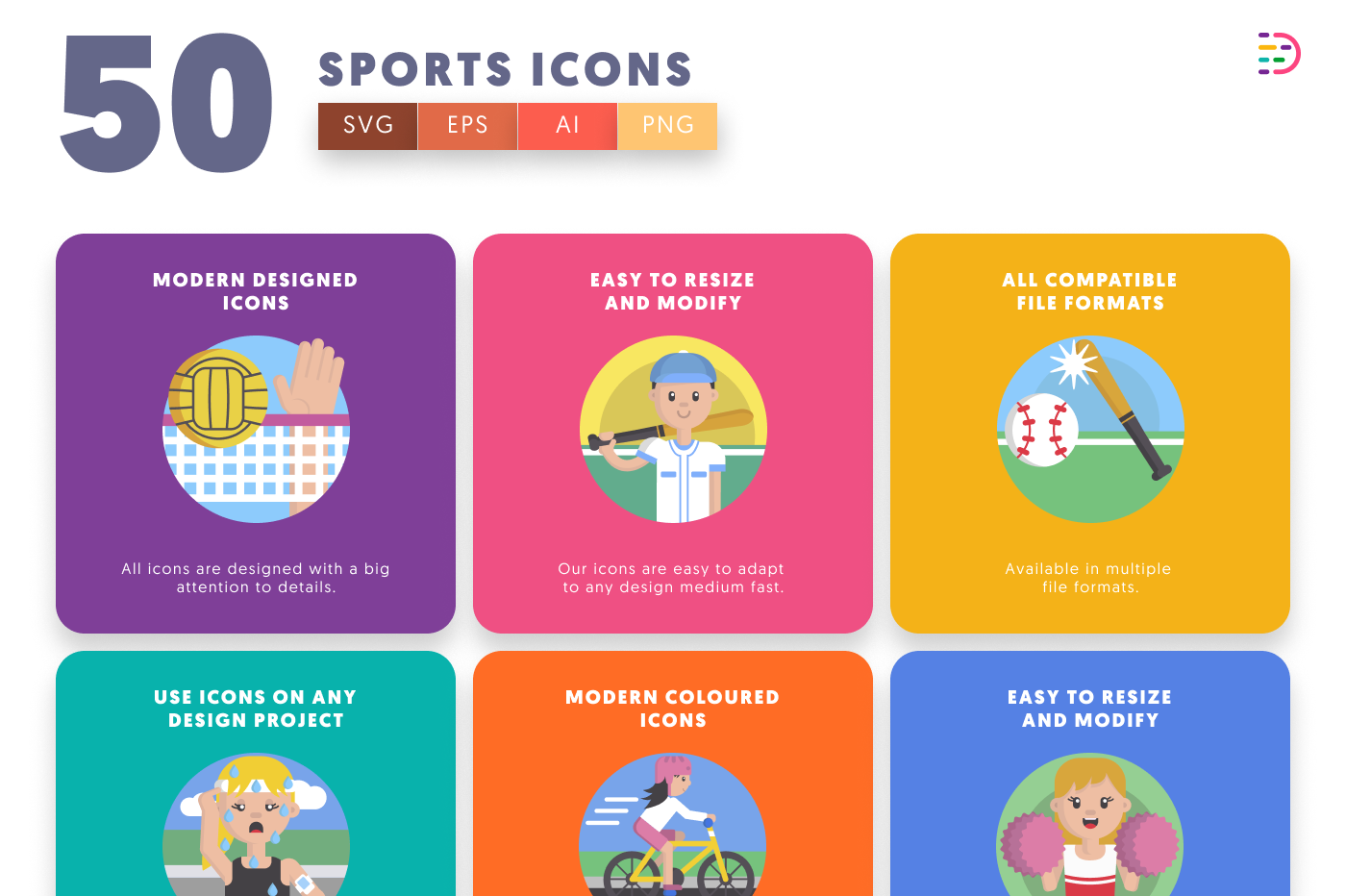 50 Sports Icons – set of colorful illustrated icons