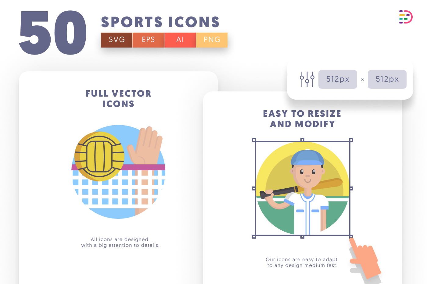 50 Sports Icons – set of colorful illustrated icons