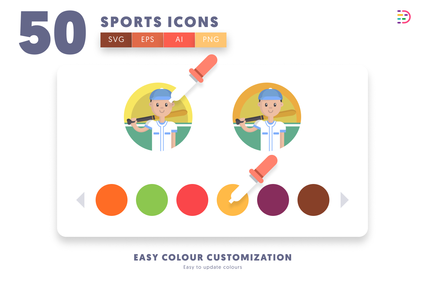 50 Sports Icons – set of colorful illustrated icons