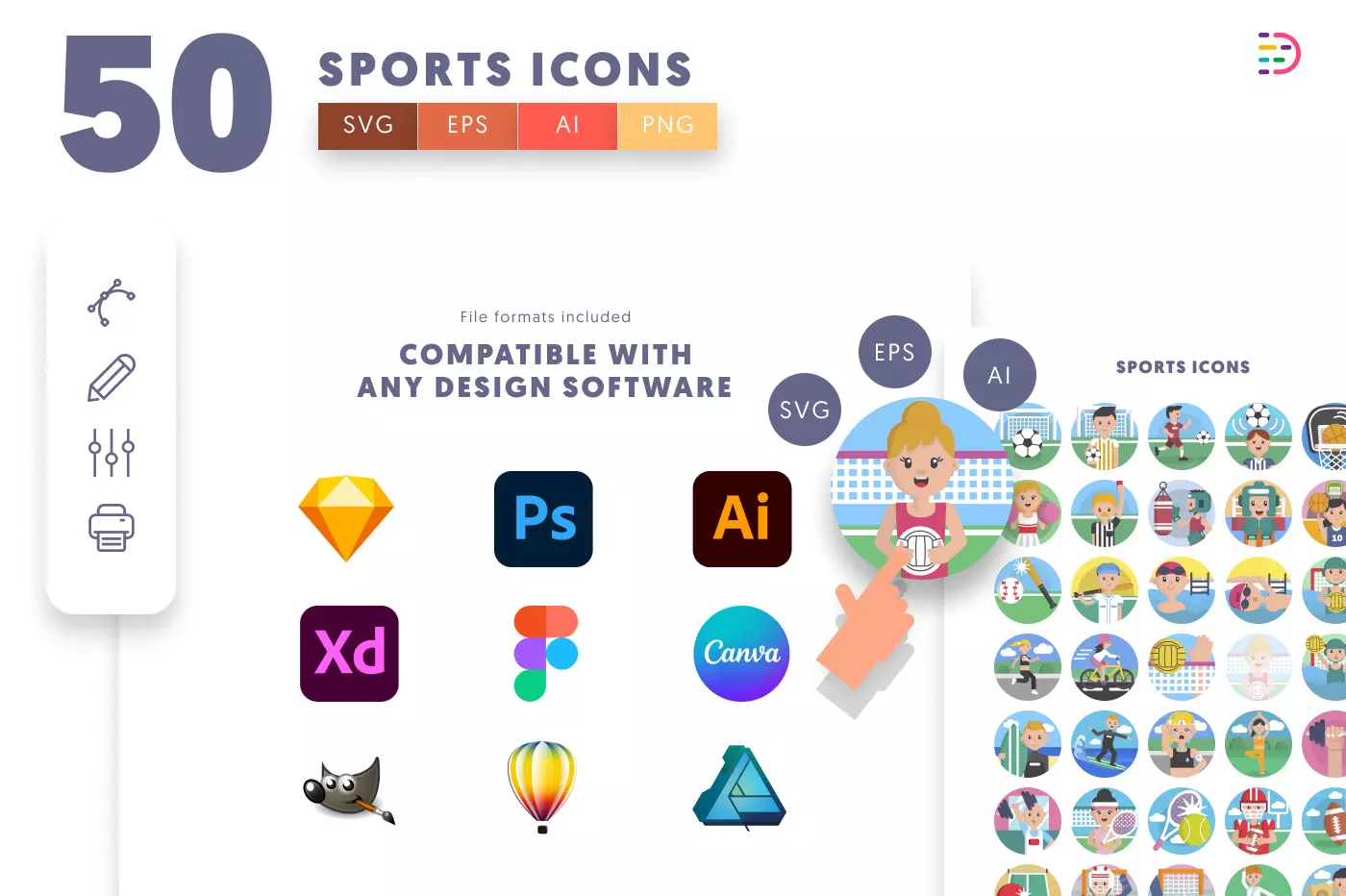 50 Sports Icons – set of colorful illustrated icons