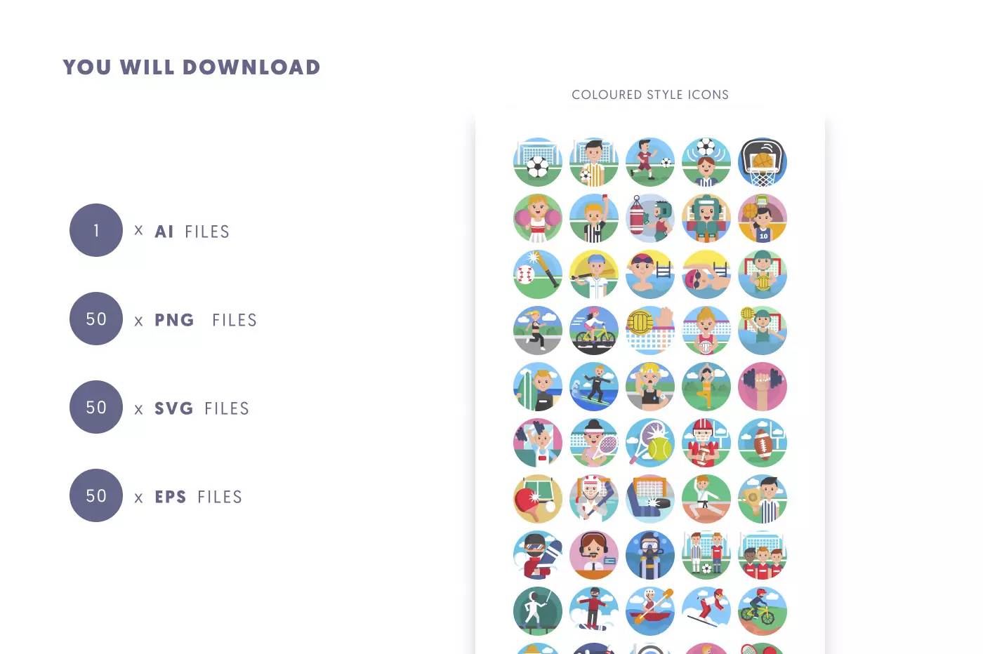 50 Sports Icons – set of colorful illustrated icons