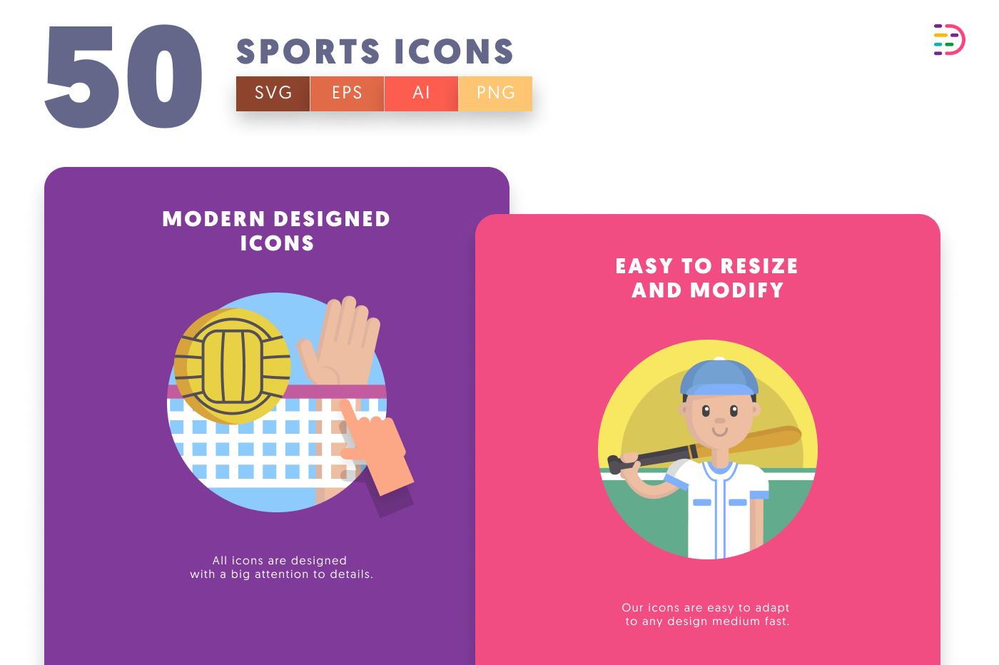 50 Sports Icons – set of colorful illustrated icons
