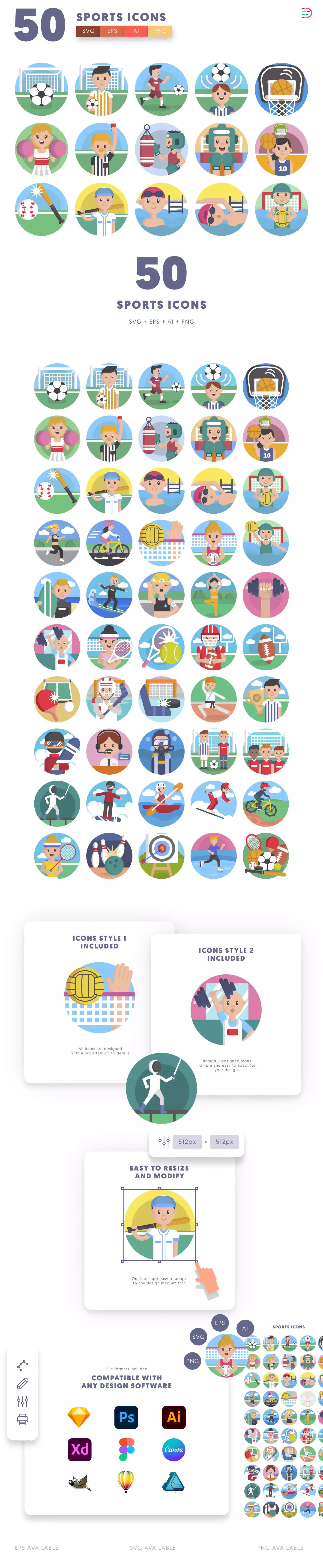 50 Sports Icons – set of colorful illustrated icons