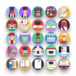 50 University Icons – set of colorful flat circle icons