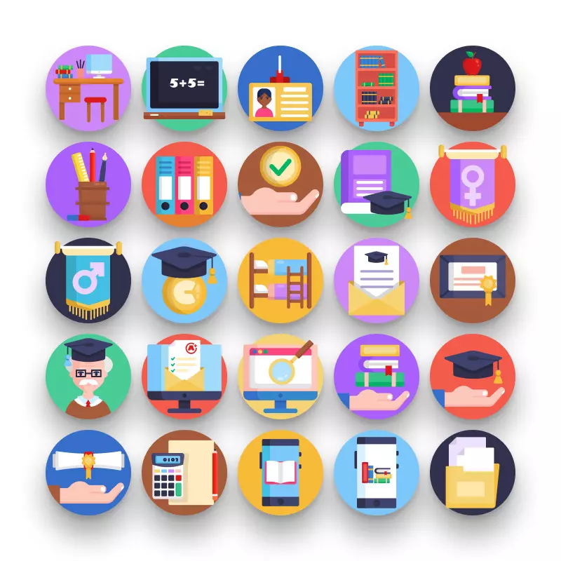 50 University Icons – set of colorful flat circle icons