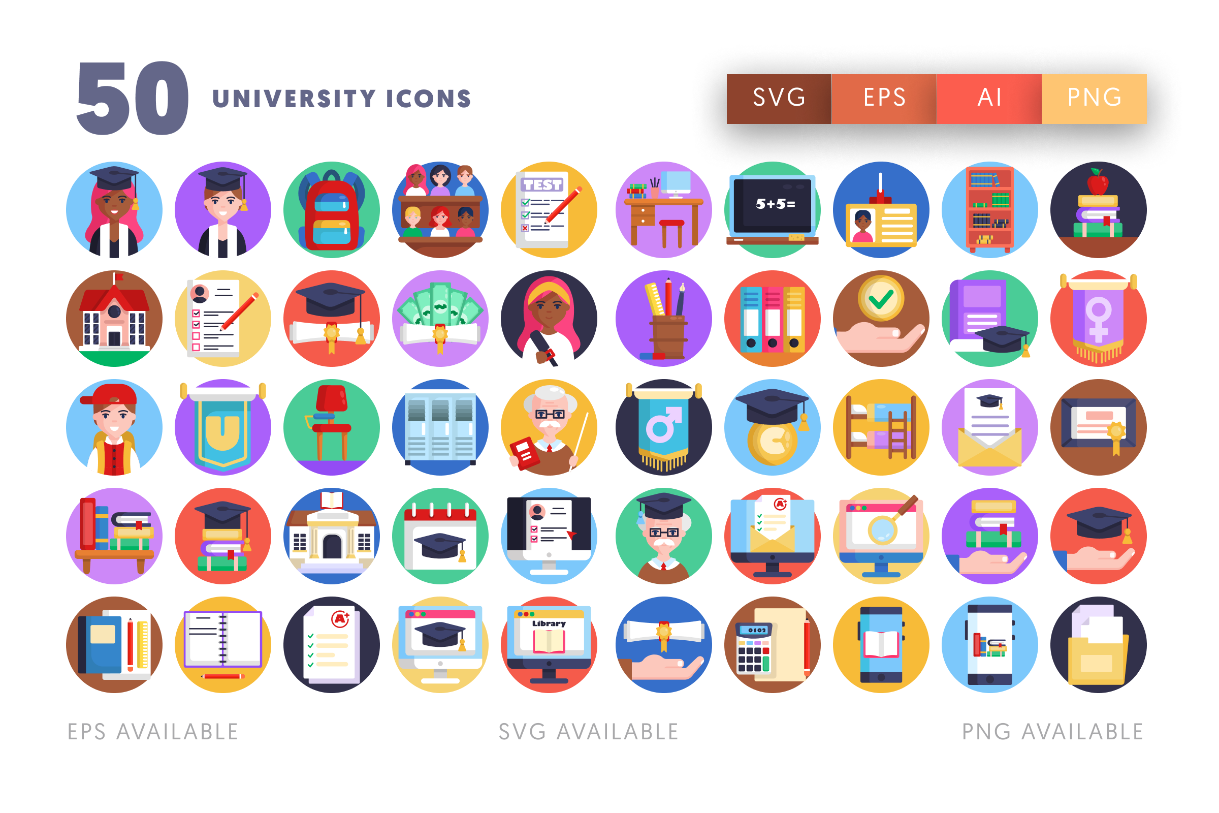 50 University Icons – flat circle icon set