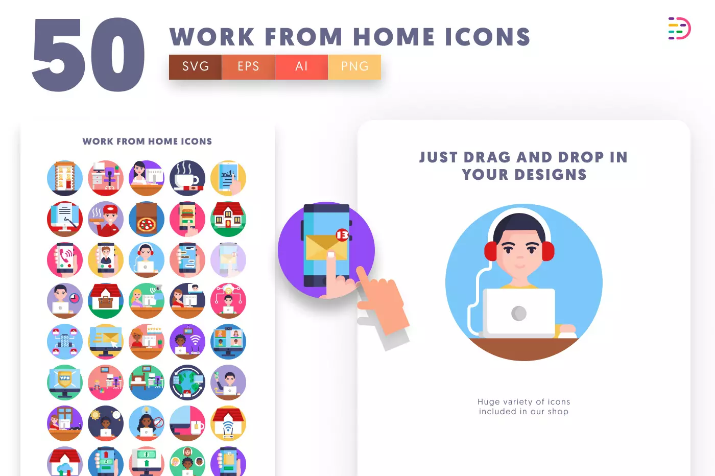 50 Work from Home Icons preview 1 – flat circle icons in PNG, SVG and EPS