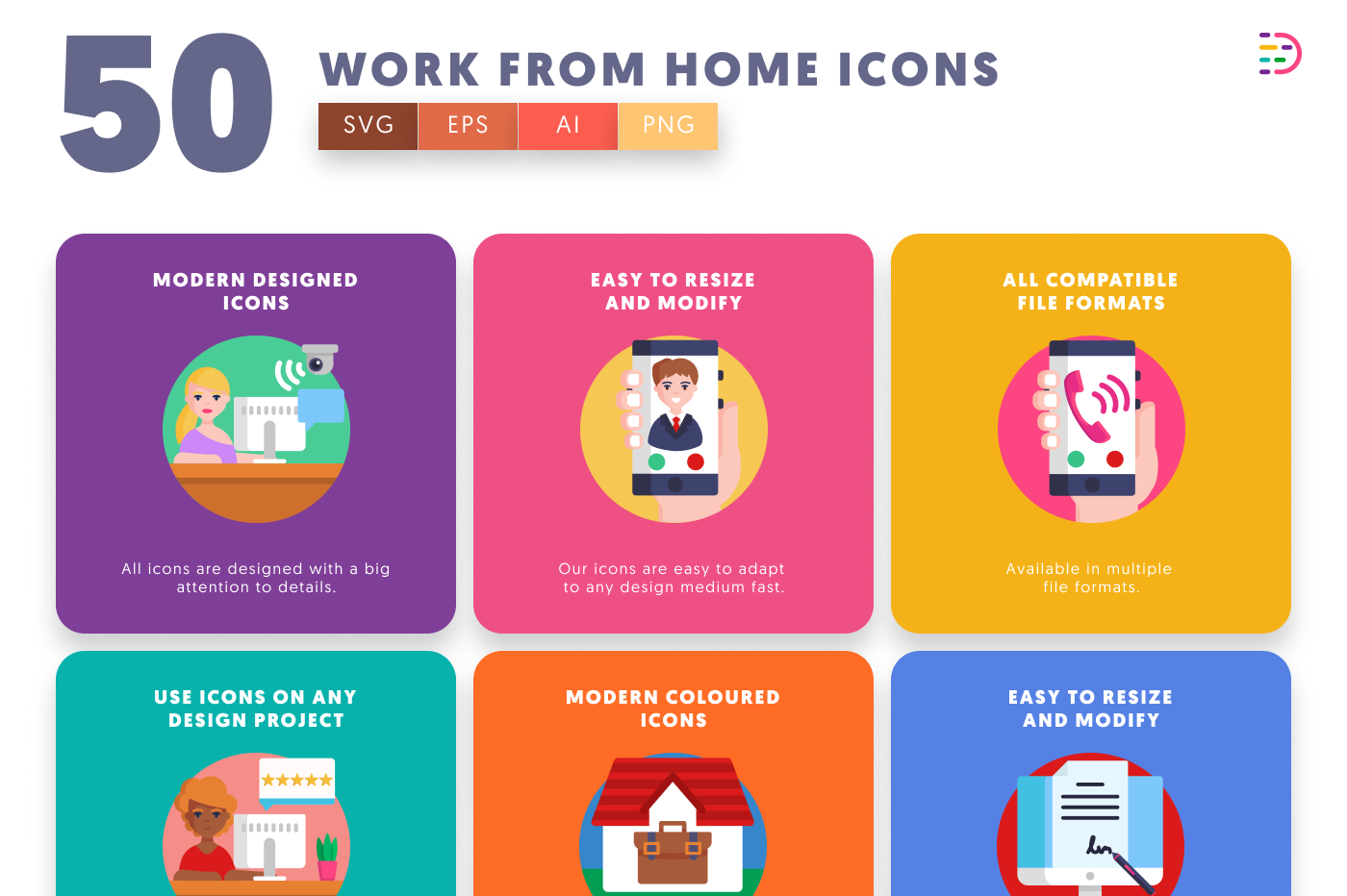 50 Work from Home Icons preview 5 – flat circle icons in PNG, SVG and EPS