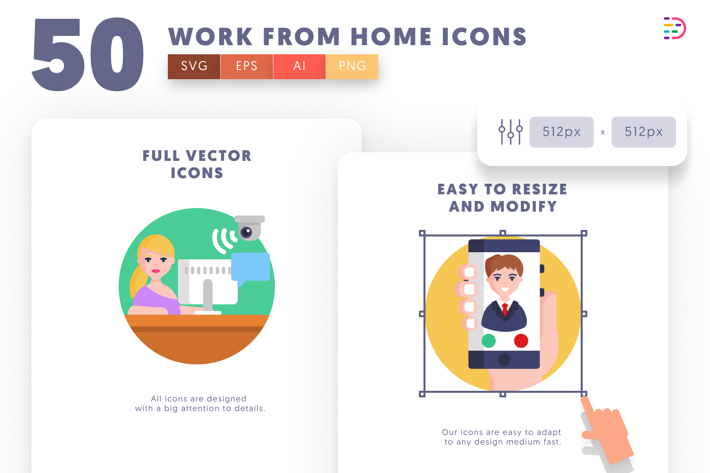 50 Work from Home Icons preview 6 – flat circle icons in PNG, SVG and EPS