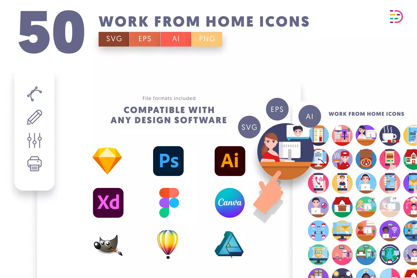 50 Work from Home Icons preview 8 – flat circle icons in PNG, SVG and EPS