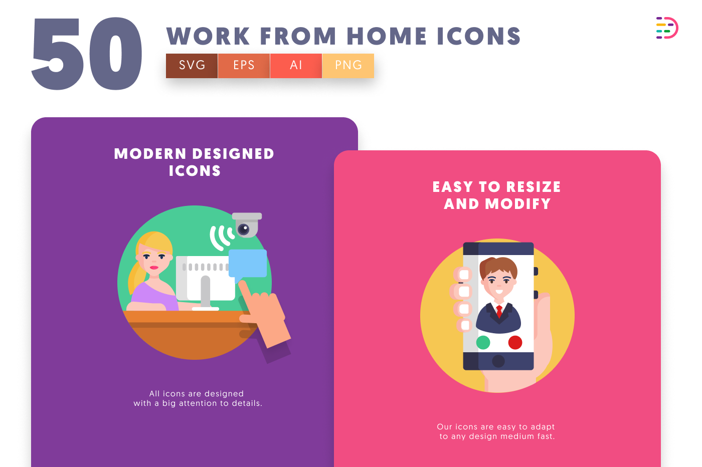 50 Work from Home Icons cover – flat circle icons in PNG, SVG and EPS