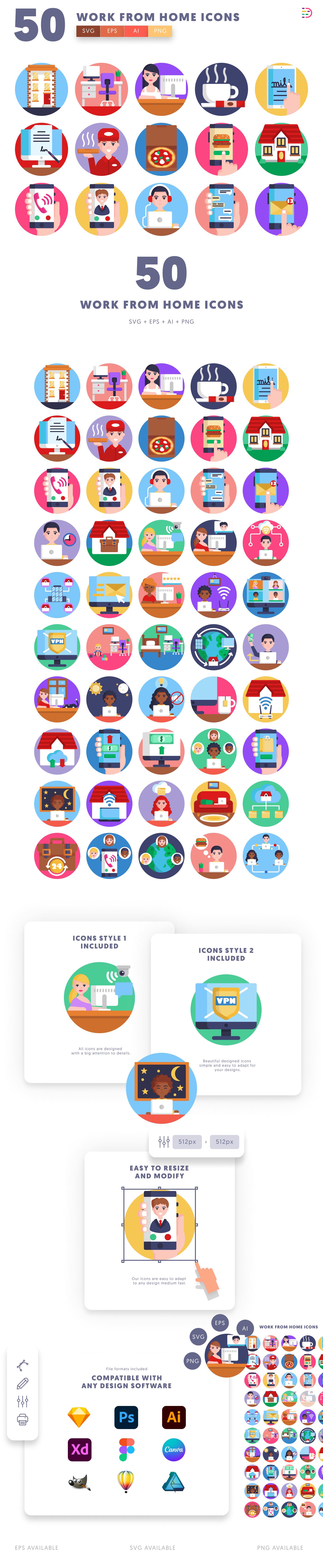 50 Work from Home Icons cover – flat circle icons in PNG, SVG and EPS