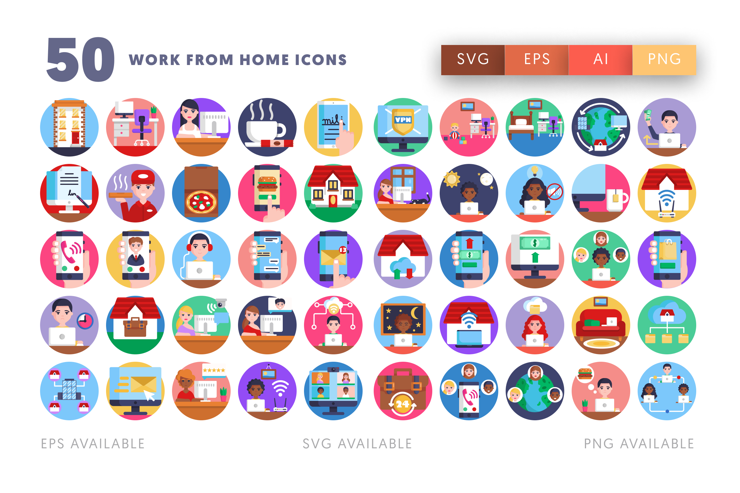 50 Work from Home Icons – flat circle icon set