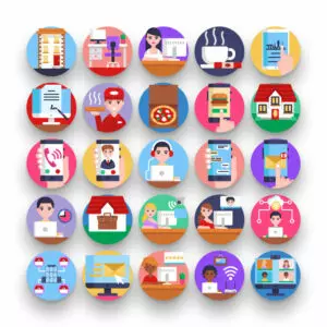 50 Work from Home Icons – set of colorful flat circle icons