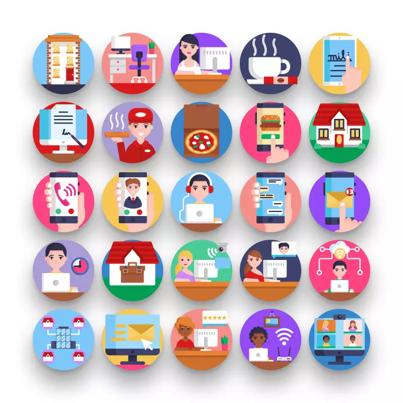 50 Work from Home Icons – set of colorful flat circle icons