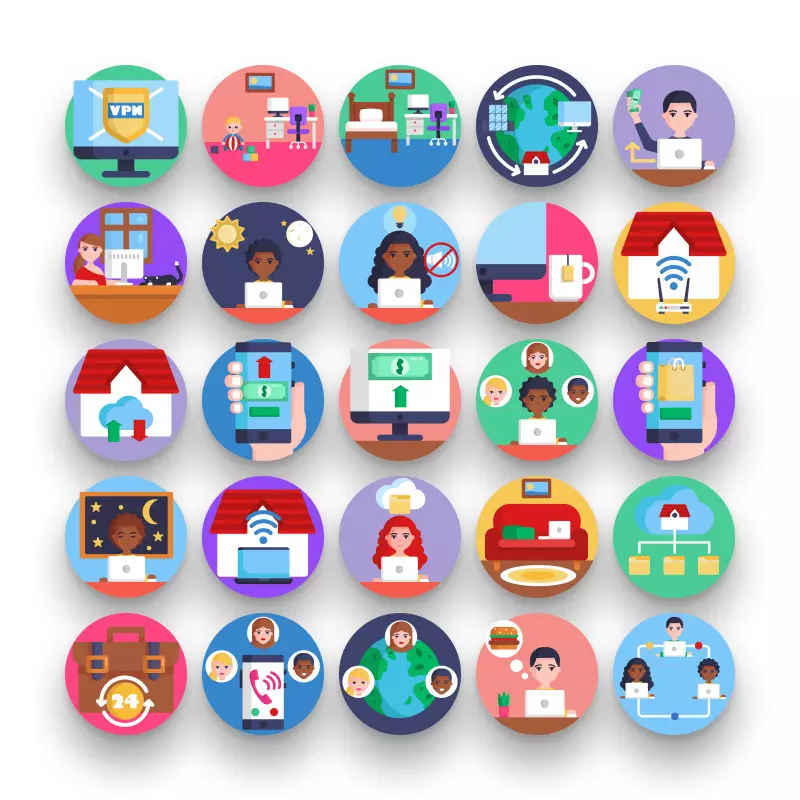 50 Work from Home Icons – set of colorful flat circle icons
