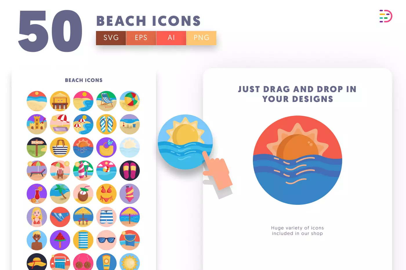 50 Beach Icons preview 1 – illustrated icons in PNG, SVG and EPS