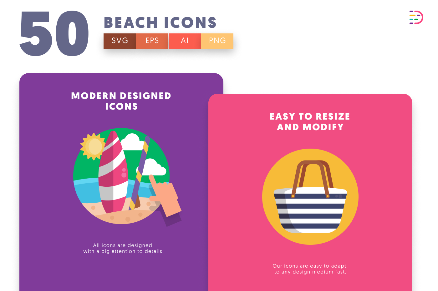 50 Beach Icons cover – illustrated icons in PNG, SVG and EPS