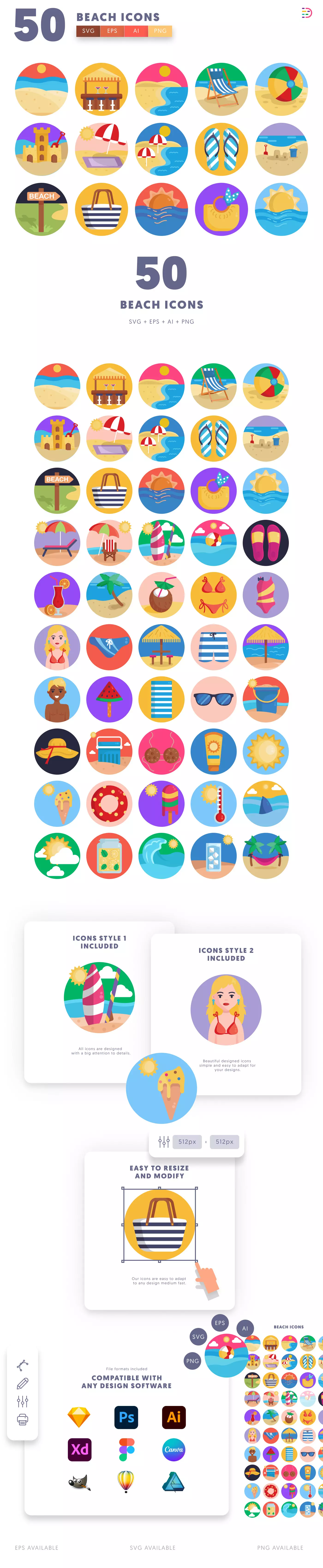 50 Beach Icons cover – illustrated icons in PNG, SVG and EPS