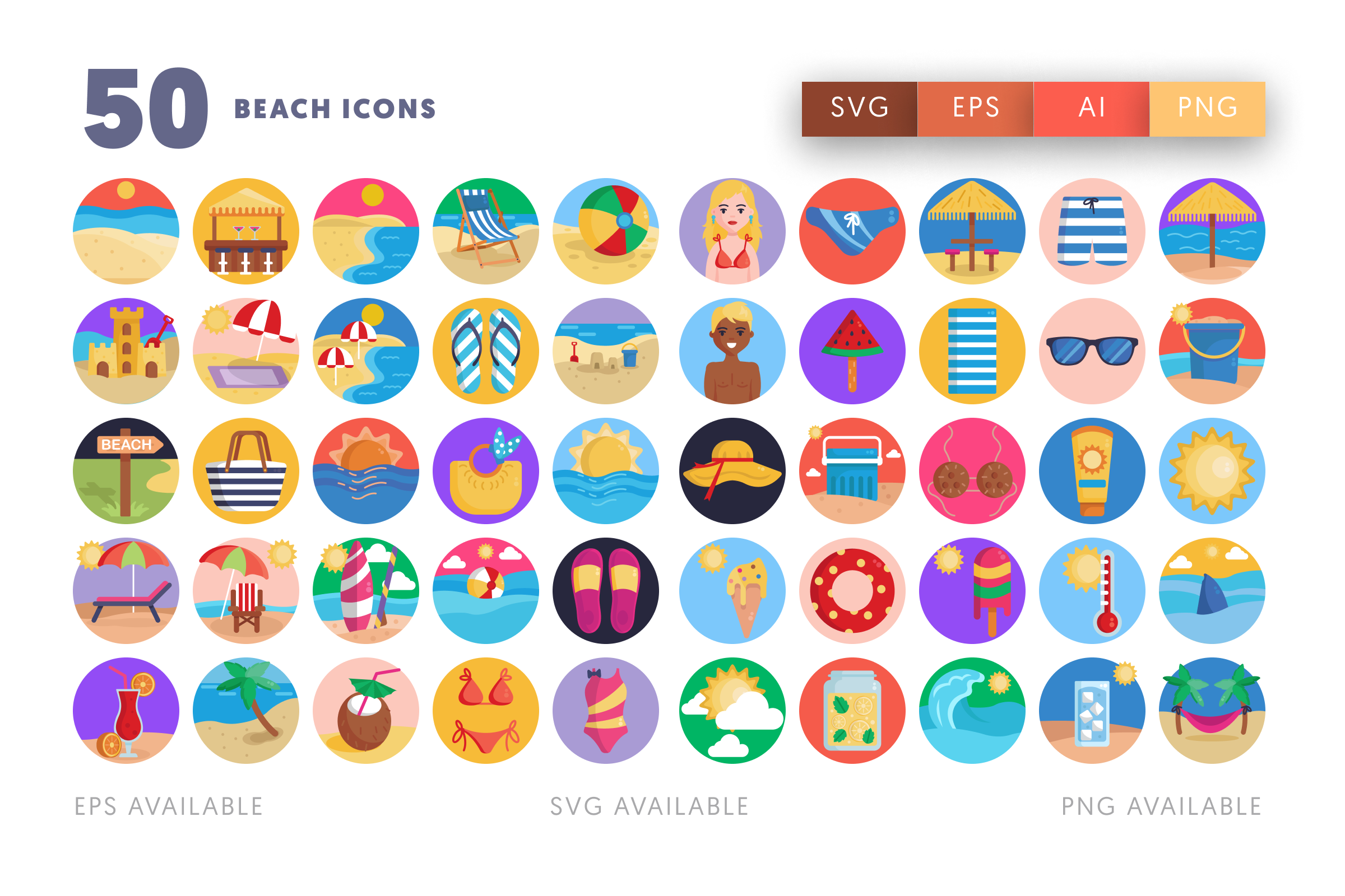 50 Beach Icons – illustrated icon set