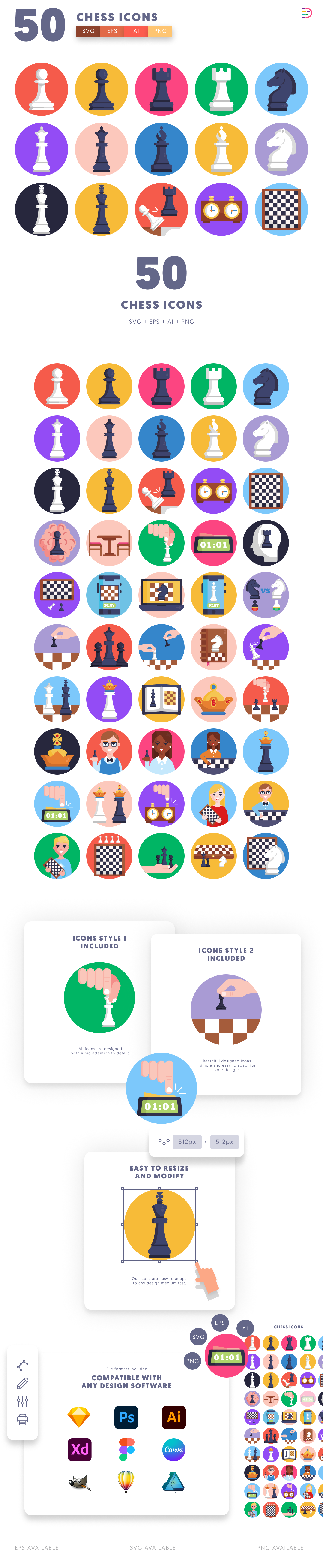 50 Chess Icons cover – illustrated icons in PNG, SVG and EPS