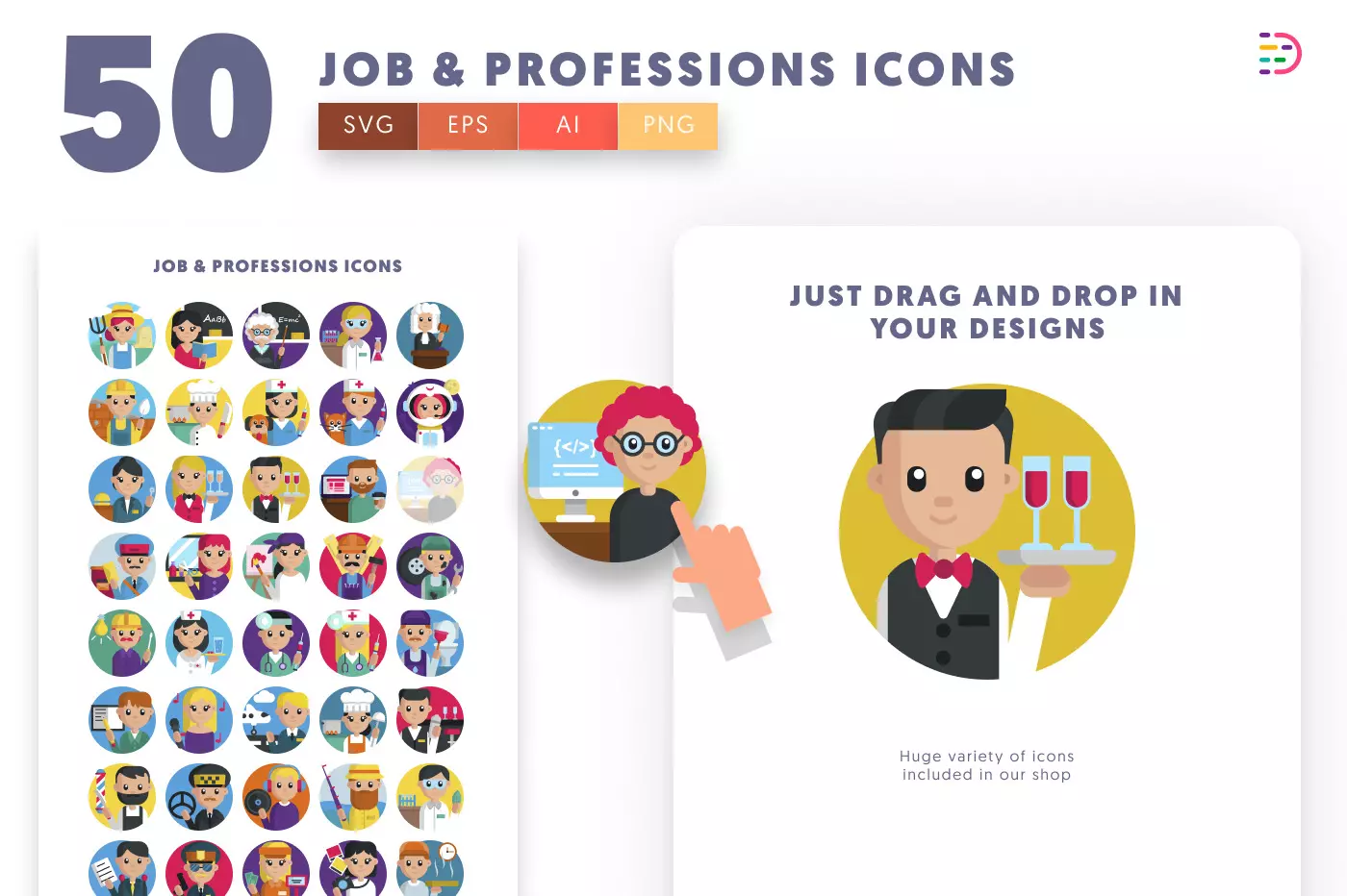 50 Jobs and Professionals Icons preview 1 – illustrated icons in PNG, SVG and EPS