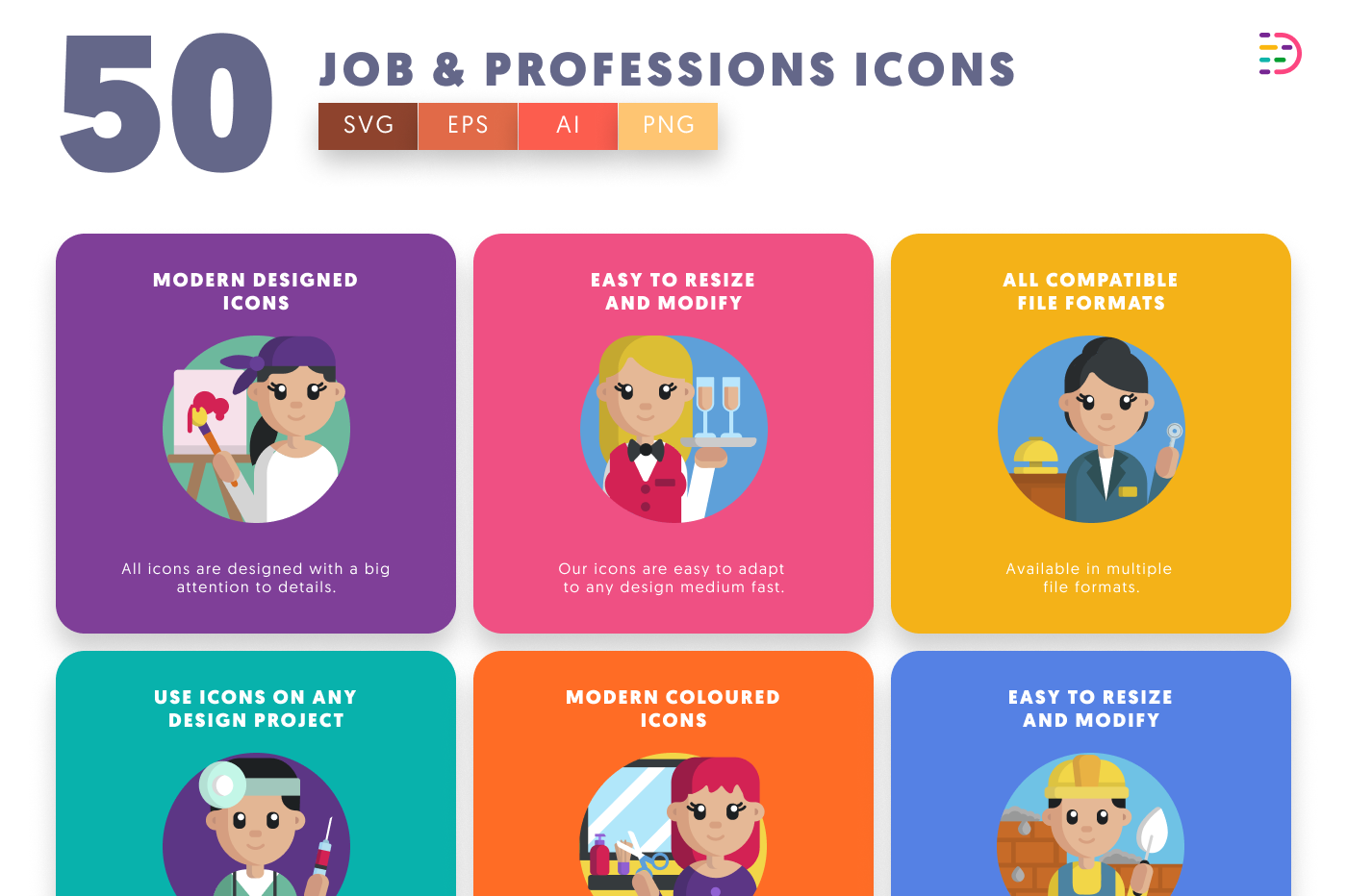 50 Jobs and Professionals Icons preview 5 – illustrated icons in PNG, SVG and EPS