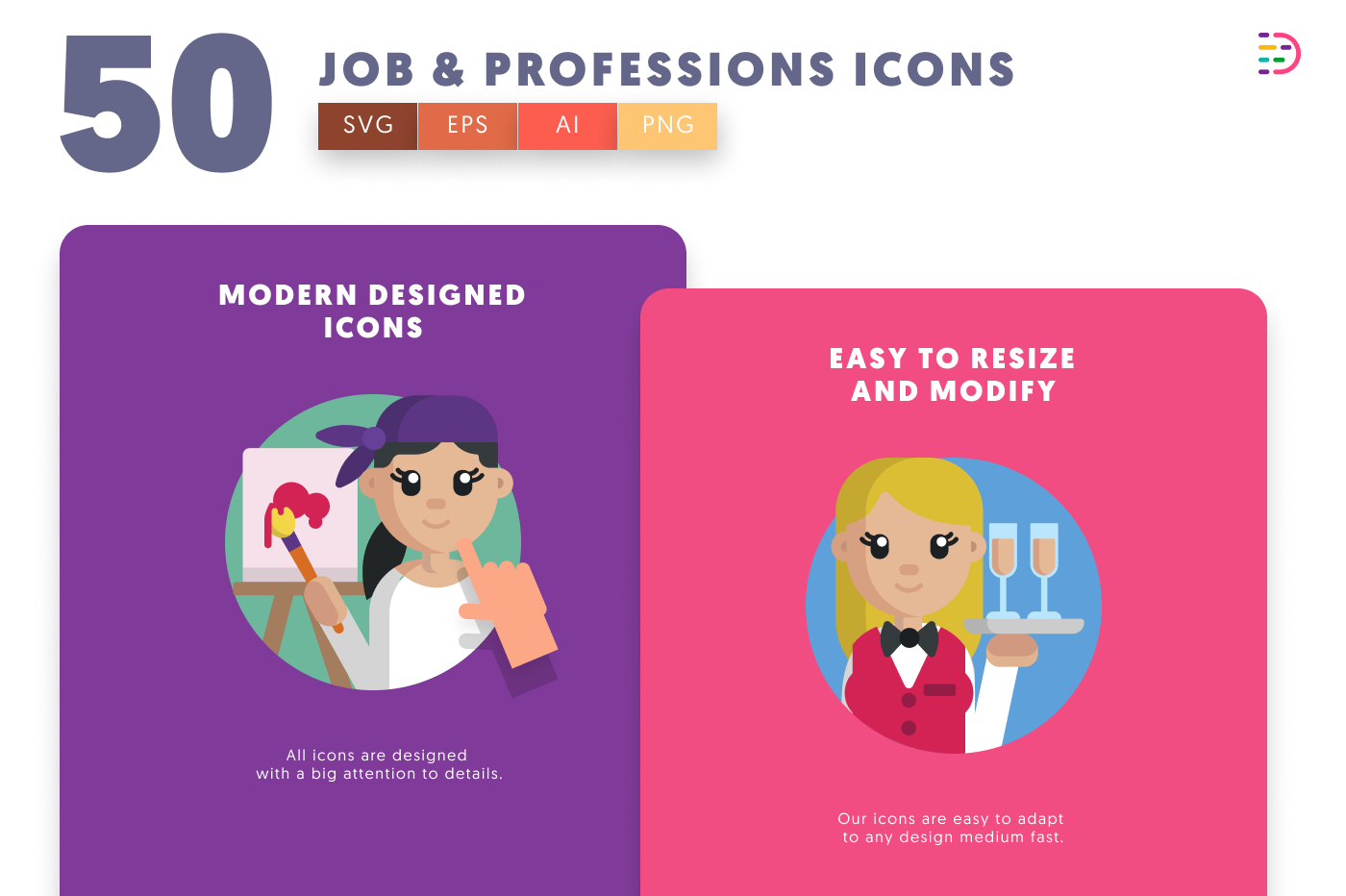 50 Jobs and Professionals Icons cover – illustrated icons in PNG, SVG and EPS