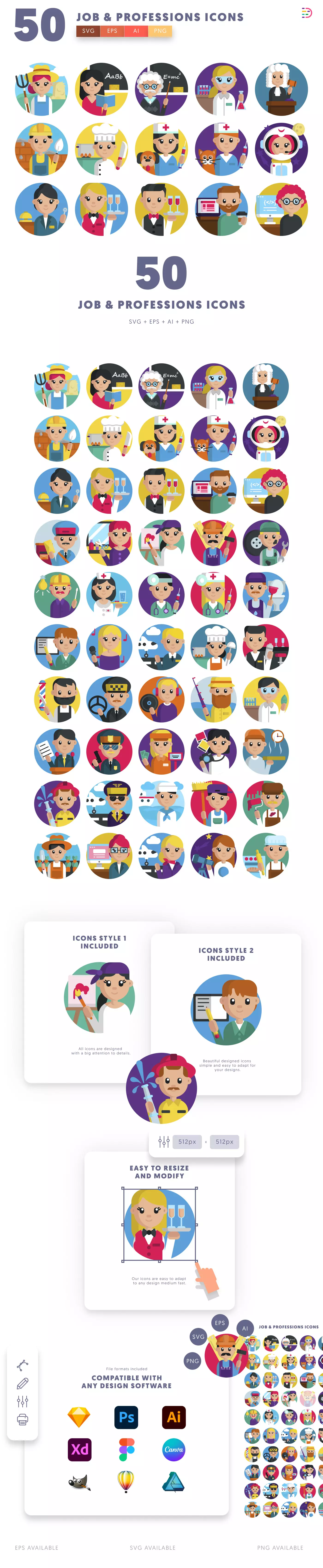 50 Jobs and Professionals Icons cover – illustrated icons in PNG, SVG and EPS