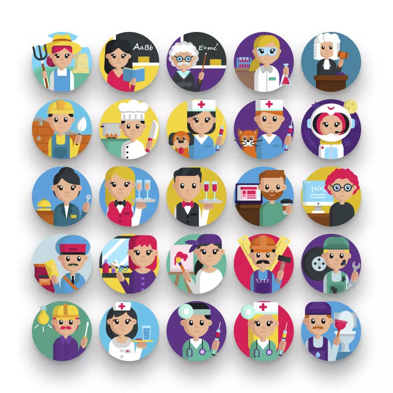 50 Jobs and Professionals Icons – set of colorful illustrated icons