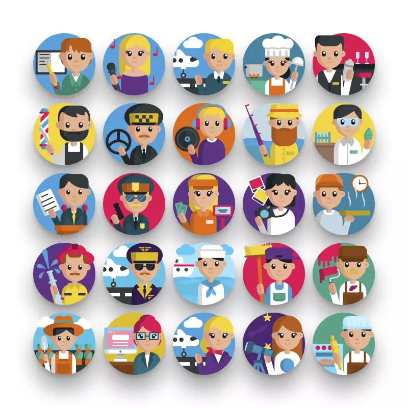 50 Jobs and Professionals Icons – set of colorful illustrated icons