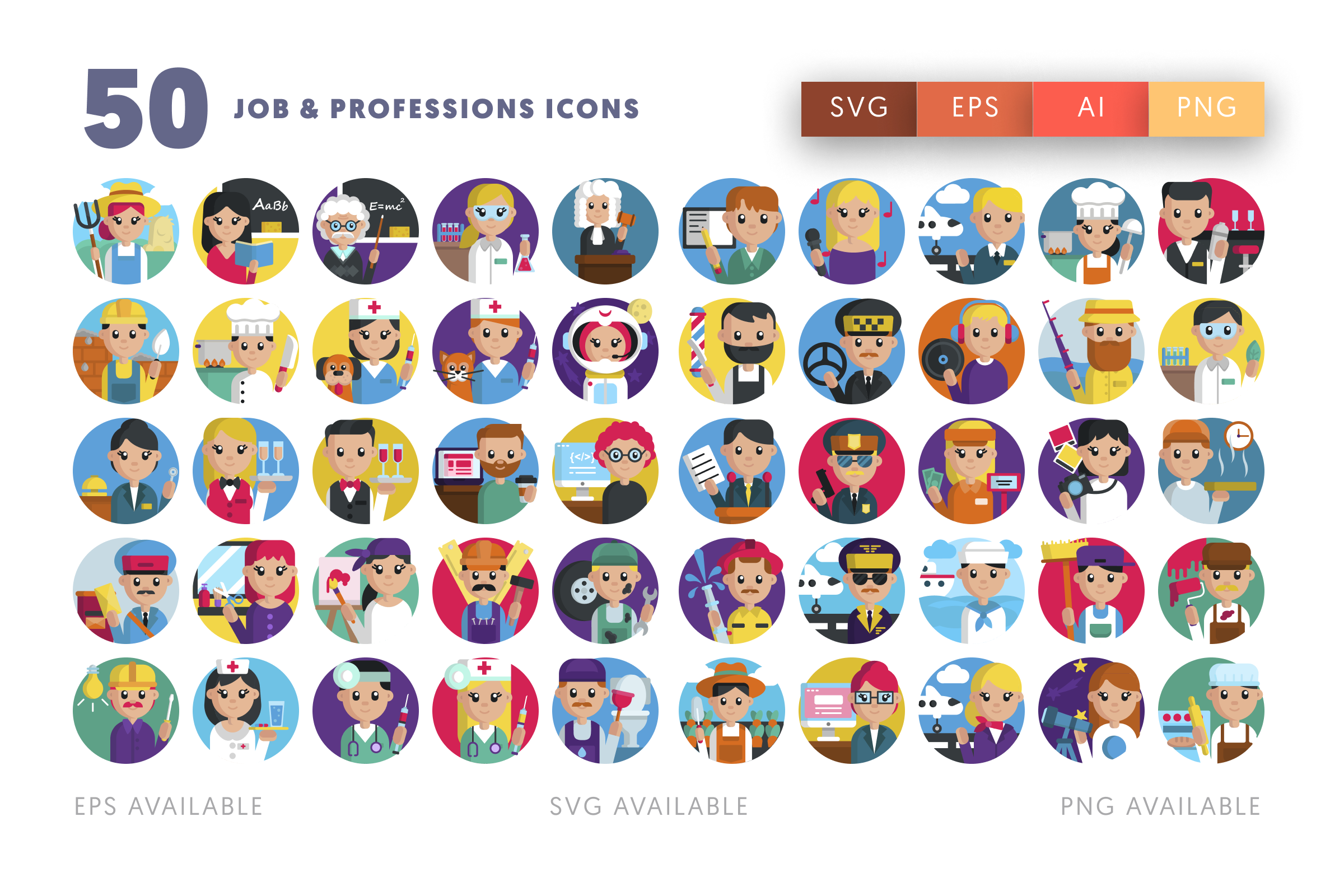 50 Jobs and Professionals Icons – illustrated icon set
