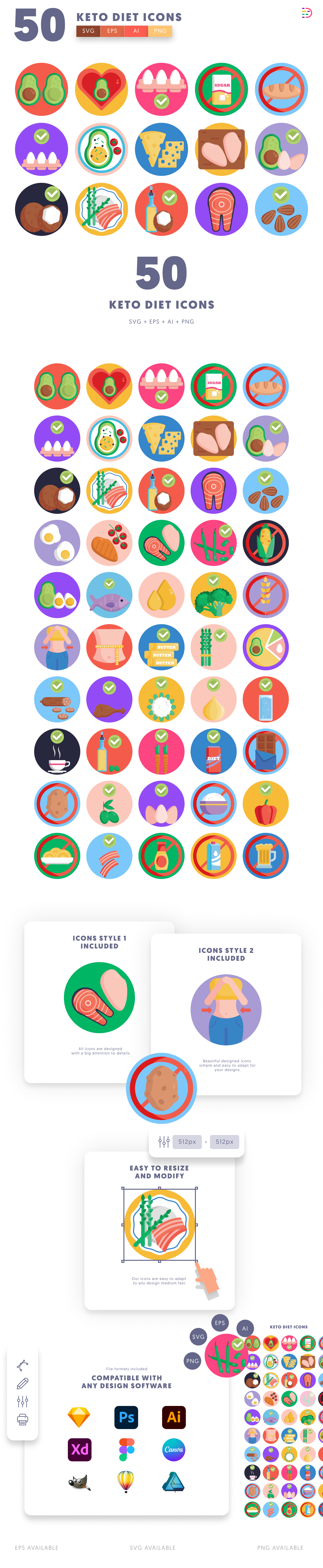 50 Keto Diet Icons preview 1 – illustrated icons in PNG, SVG and EPS