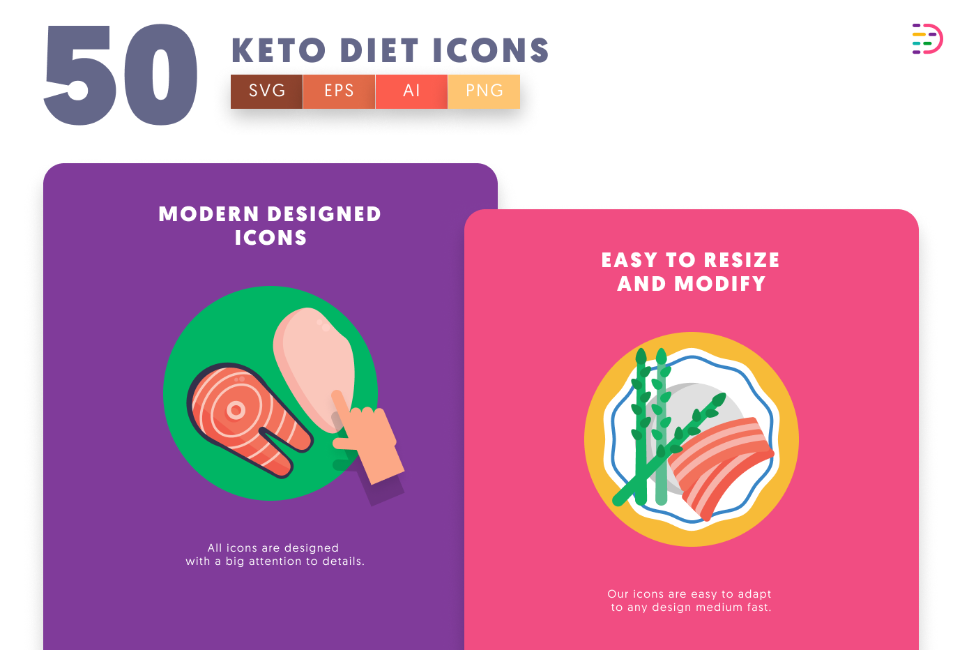 50 Keto Diet Icons cover – illustrated icons in PNG, SVG and EPS