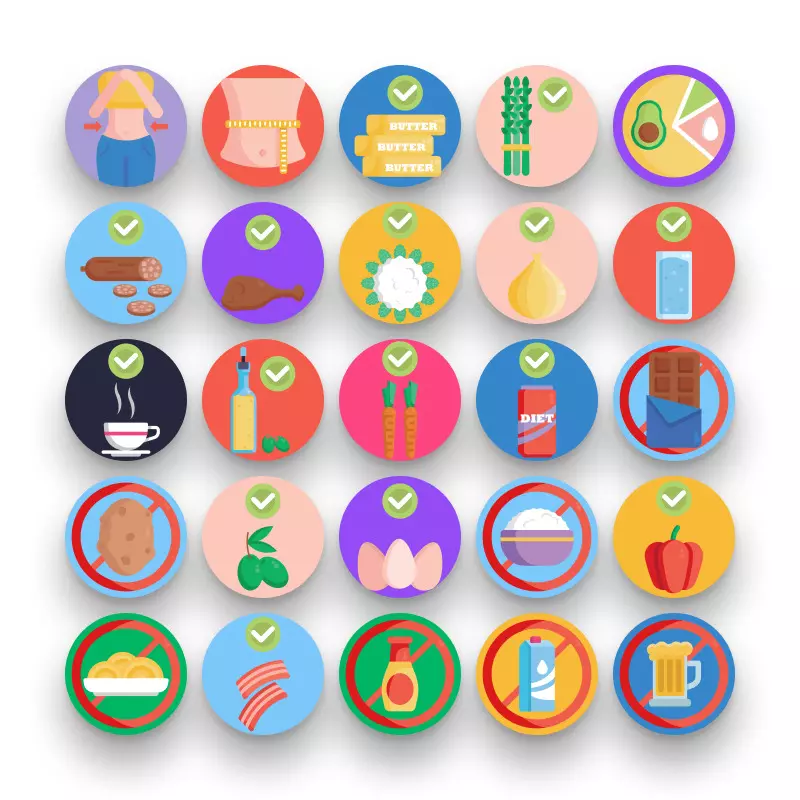 50 Keto Diet Icons – set of colorful illustrated icons